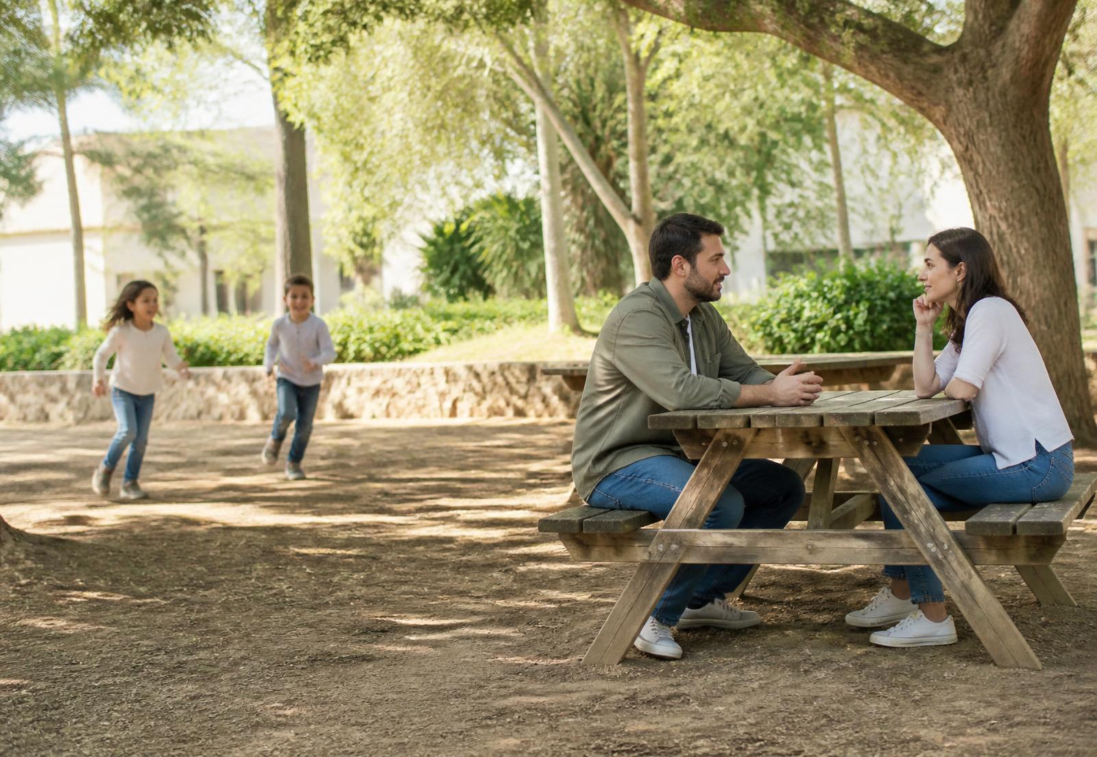 Padres conversando con serenidad mientras sus hijos juegan